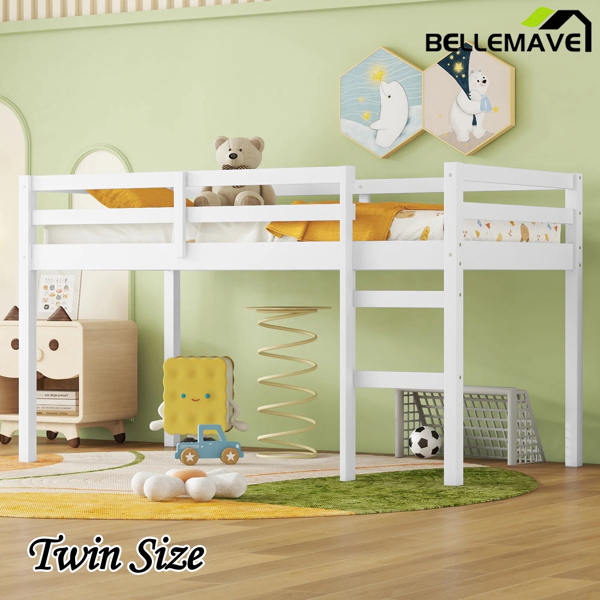 Bellemave® Twin Size Rubber Wooden Low Loft Bed with Ladder(Strengthened Slats) - Bellemave