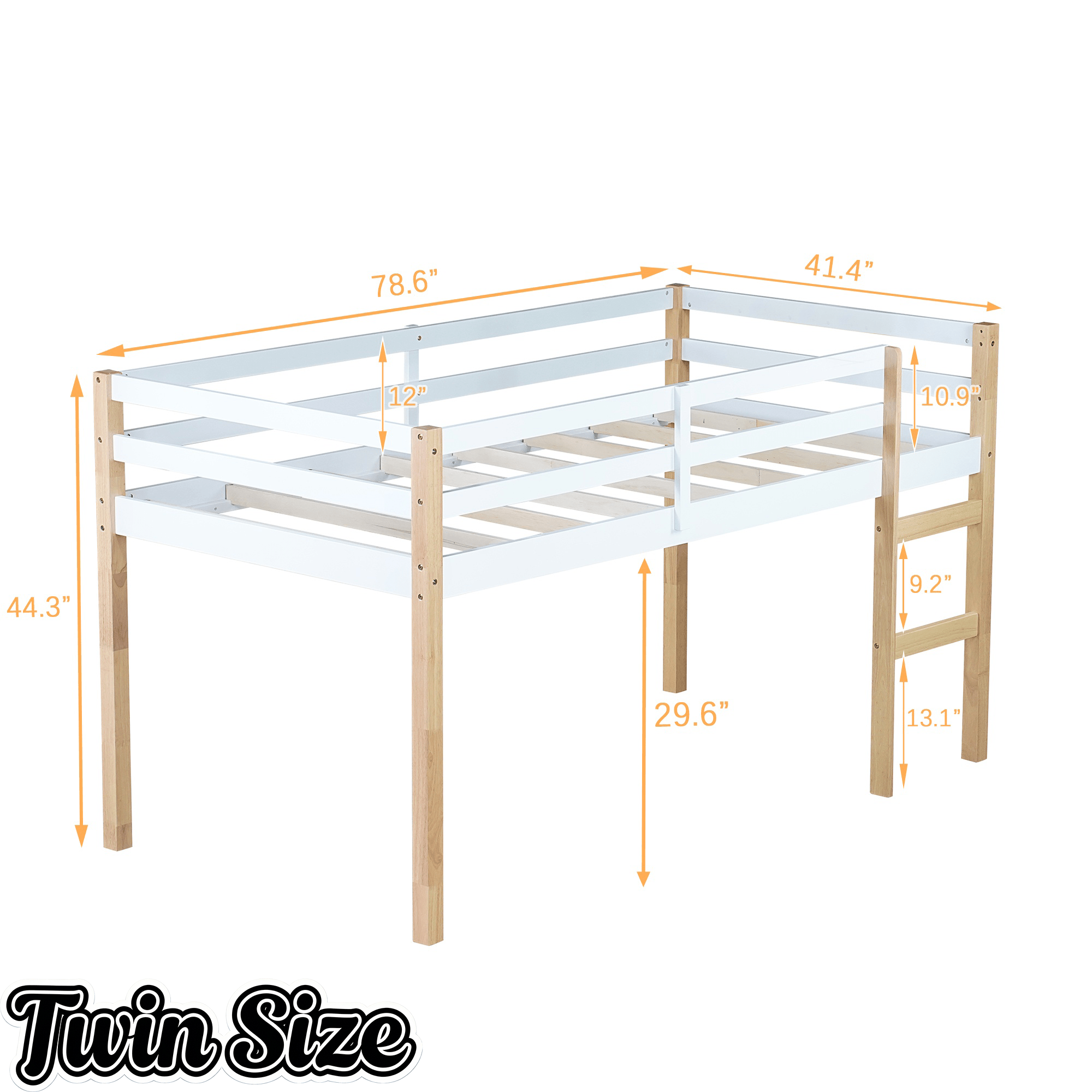 Bellemave® Twin Size Rubber Wooden Low Loft Bed with Ladder(Strengthened Slats) - Bellemave