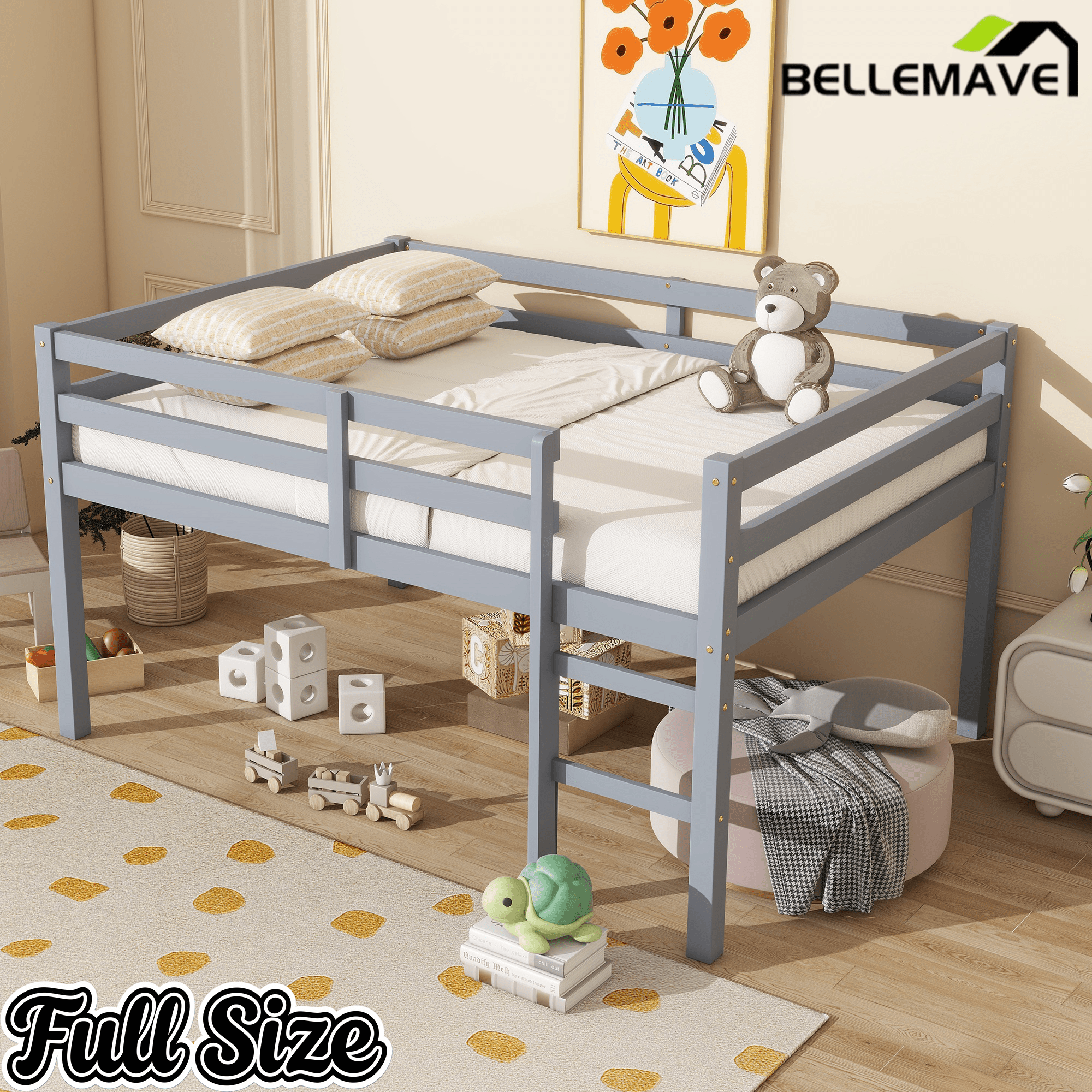 Bellemave® Twin Size Rubber Wooden Low Loft Bed with Ladder(Strengthened Slats) - Bellemave
