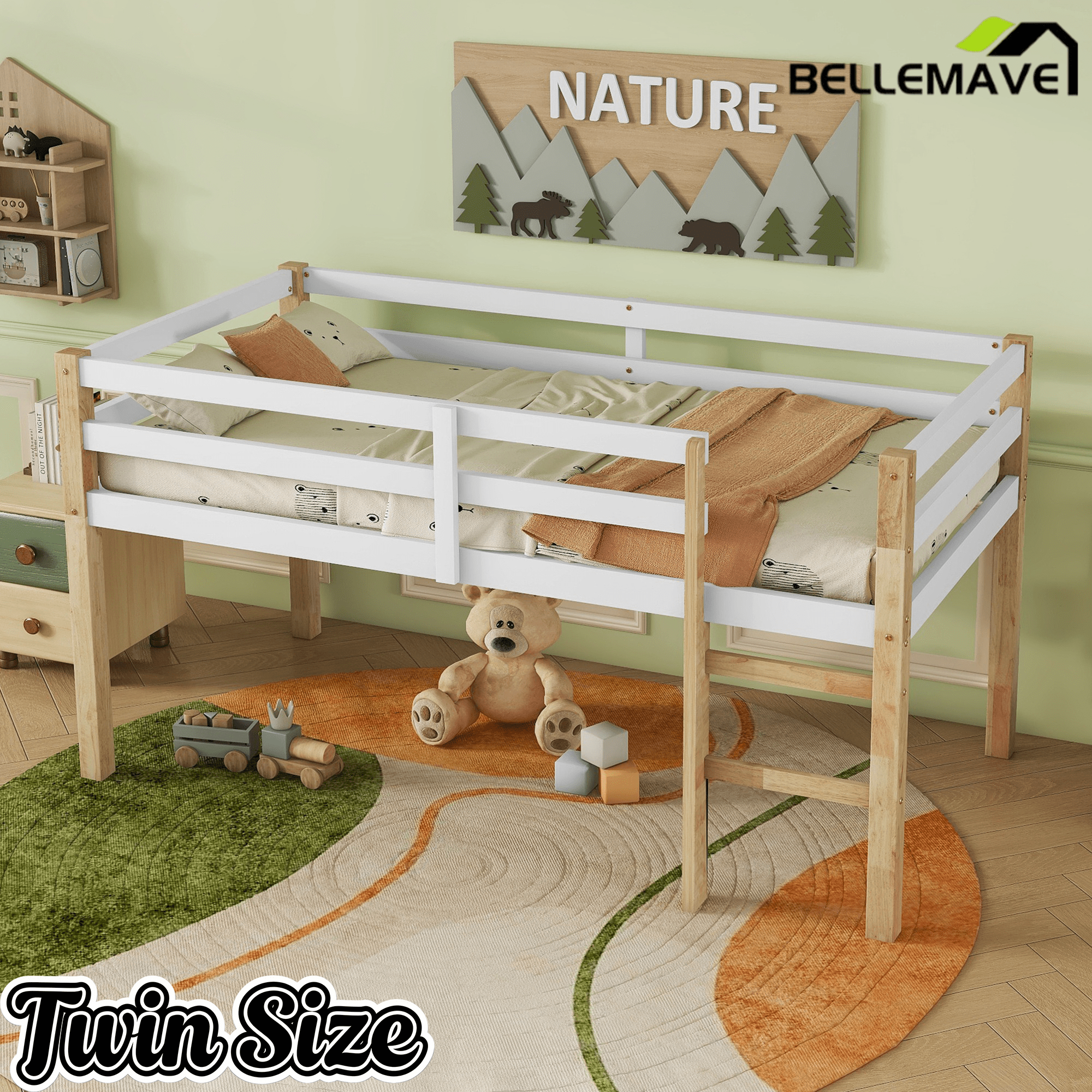 Bellemave® Twin Size Rubber Wooden Low Loft Bed with Ladder(Strengthened Slats) - Bellemave