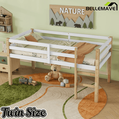 Bellemave® Twin Size Rubber Wooden Low Loft Bed with Ladder(Strengthened Slats) - Bellemave