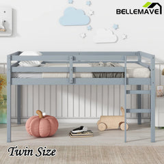 Bellemave® Twin Size Rubber Wooden Low Loft Bed with Ladder(Strengthened Slats) - Bellemave