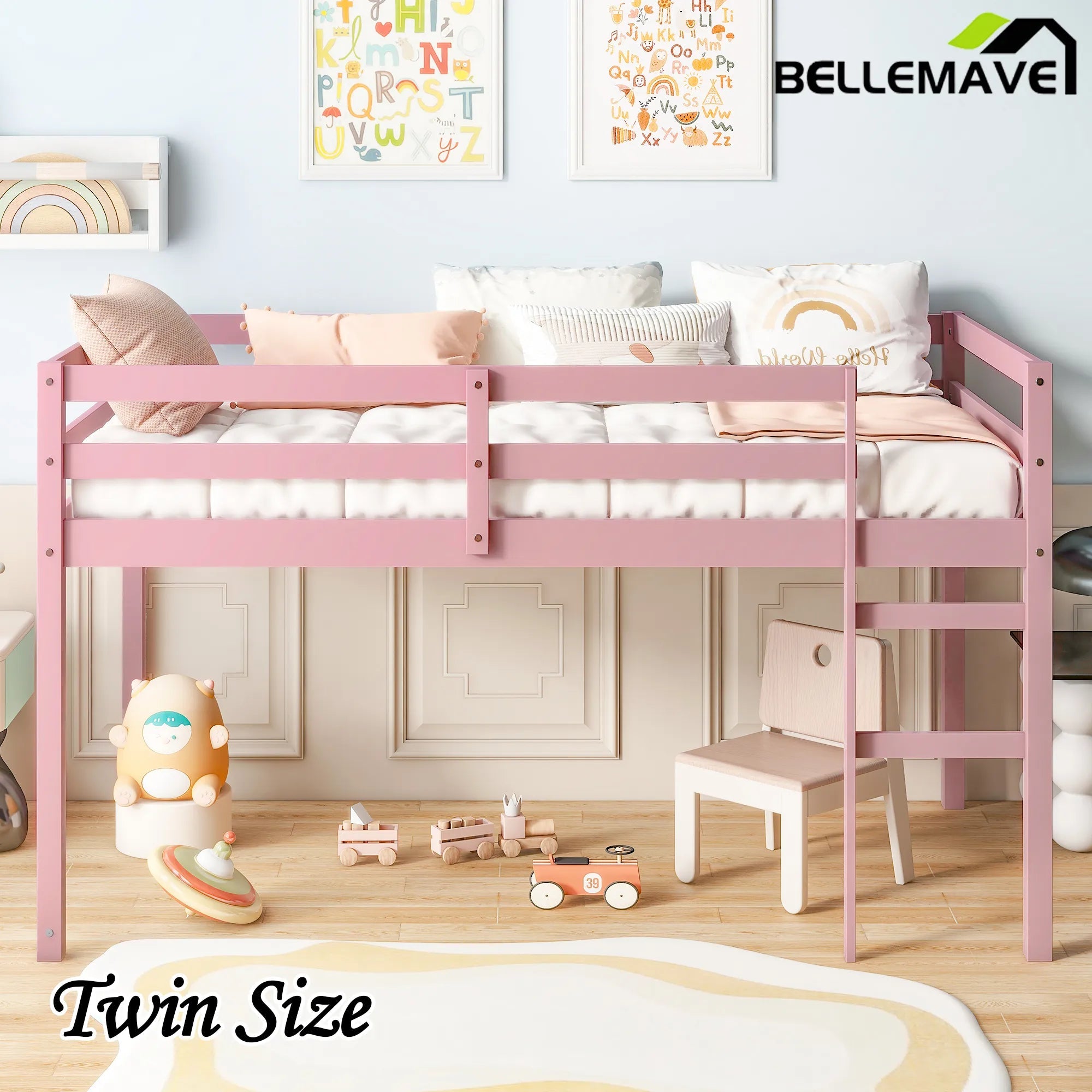 Bellemave® Twin Size Rubber Wooden Low Loft Bed with Ladder(Strengthened Slats) - Bellemave