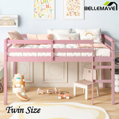 Bellemave® Twin Size Rubber Wooden Low Loft Bed with Ladder(Strengthened Slats) - Bellemave