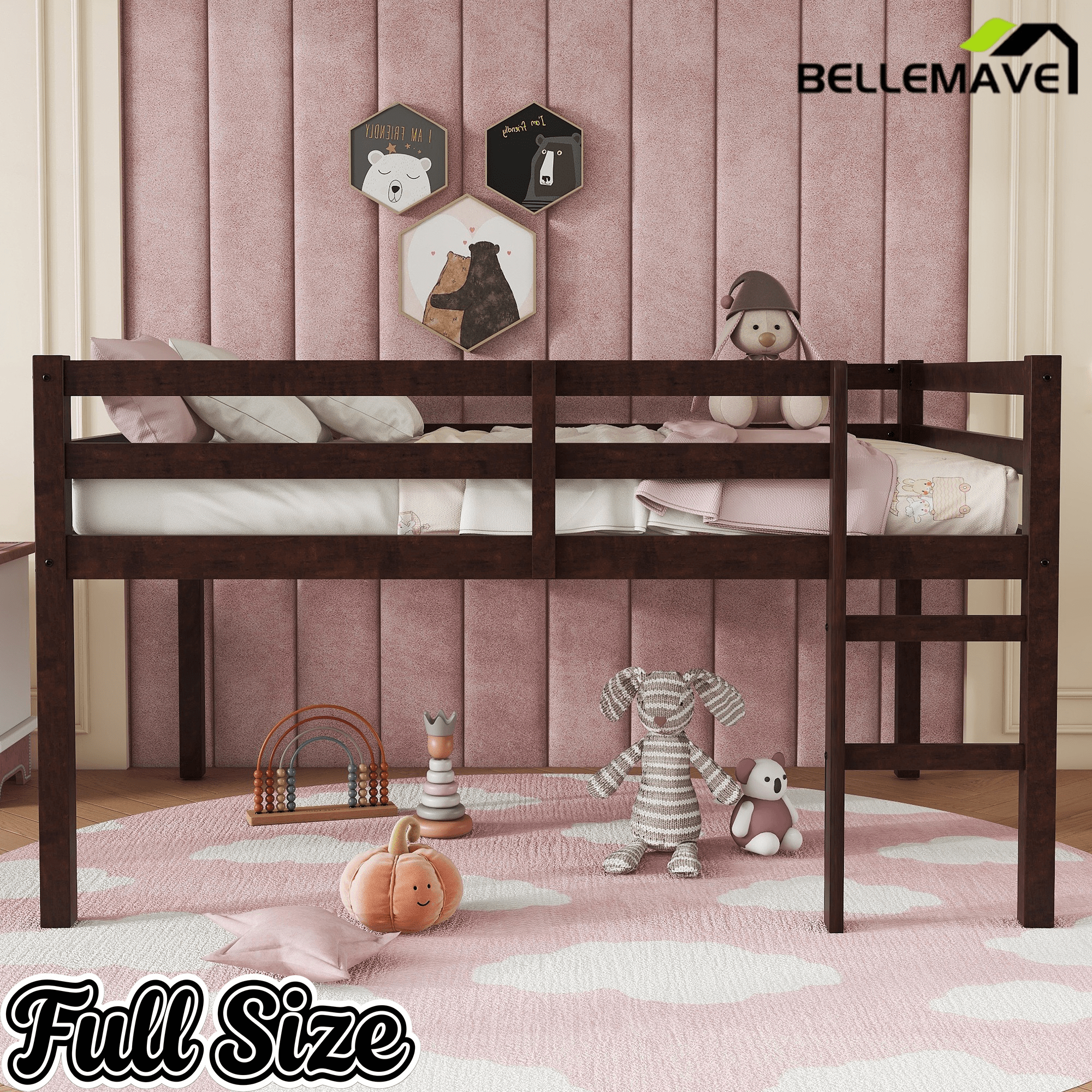 Bellemave® Twin Size Rubber Wooden Low Loft Bed with Ladder(Strengthened Slats) - Bellemave