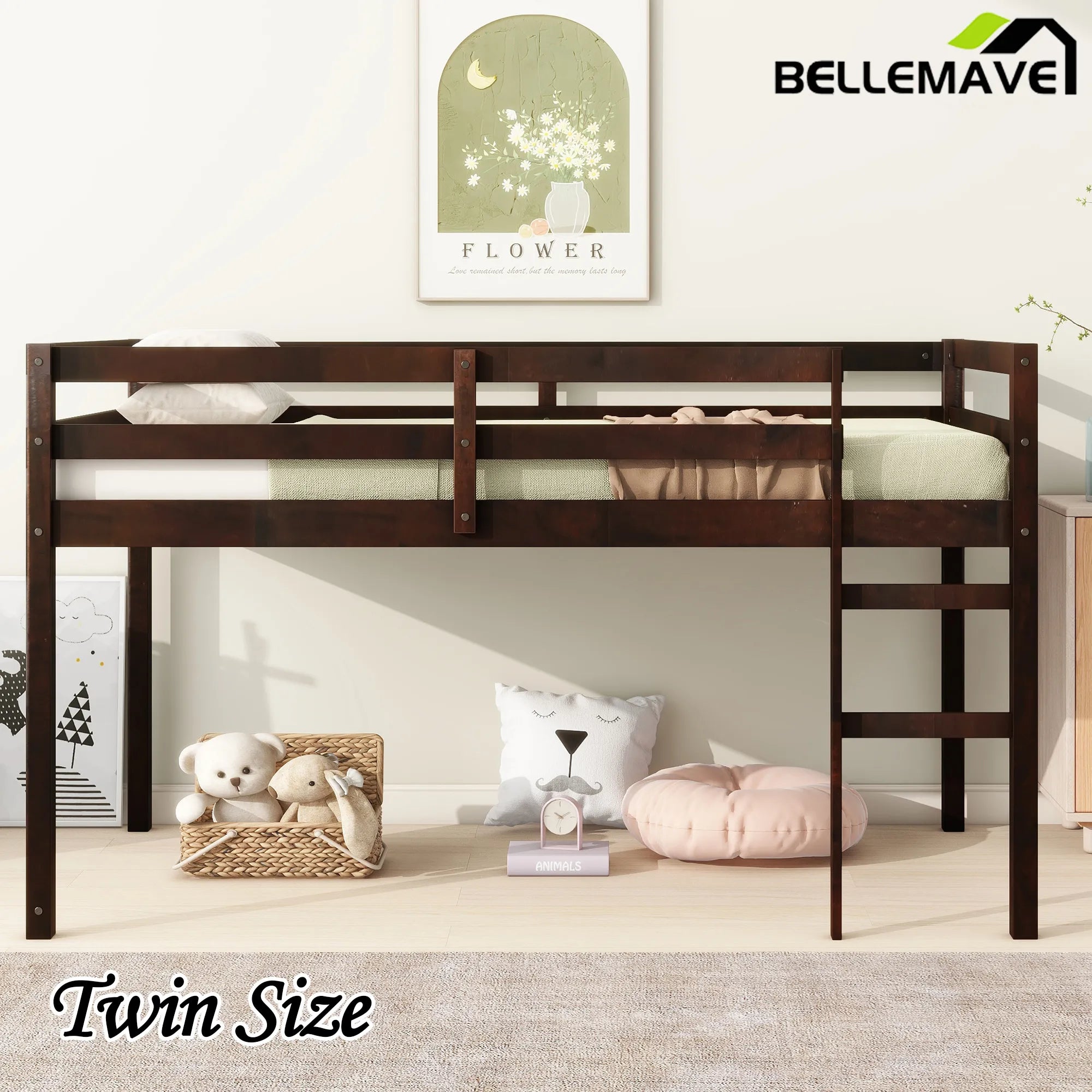Bellemave® Twin Size Rubber Wooden Low Loft Bed with Ladder(Strengthened Slats) - Bellemave
