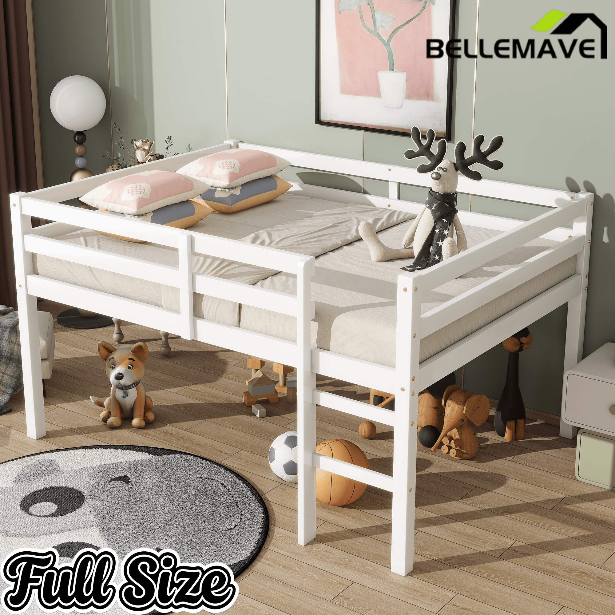 Bellemave® Twin Size Rubber Wooden Low Loft Bed with Ladder(Strengthened Slats) - Bellemave