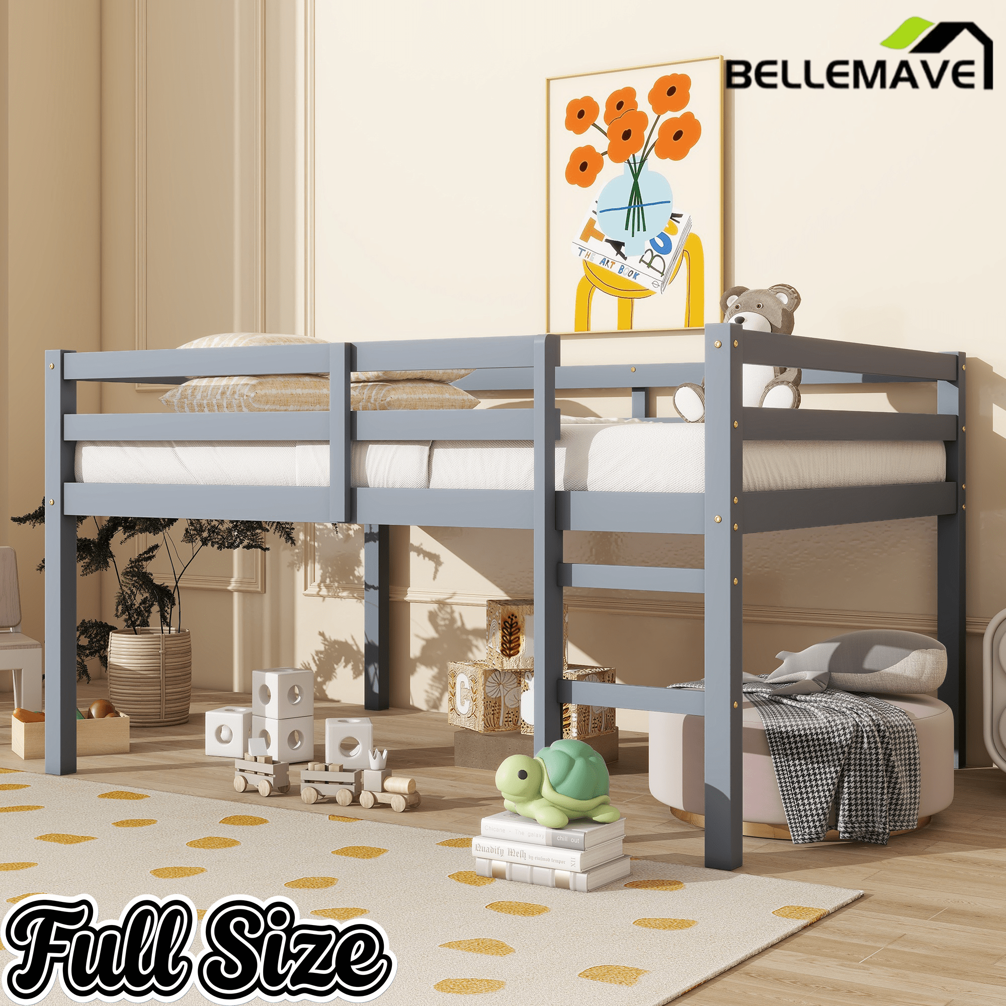 Bellemave® Twin Size Rubber Wooden Low Loft Bed with Ladder(Strengthened Slats) - Bellemave