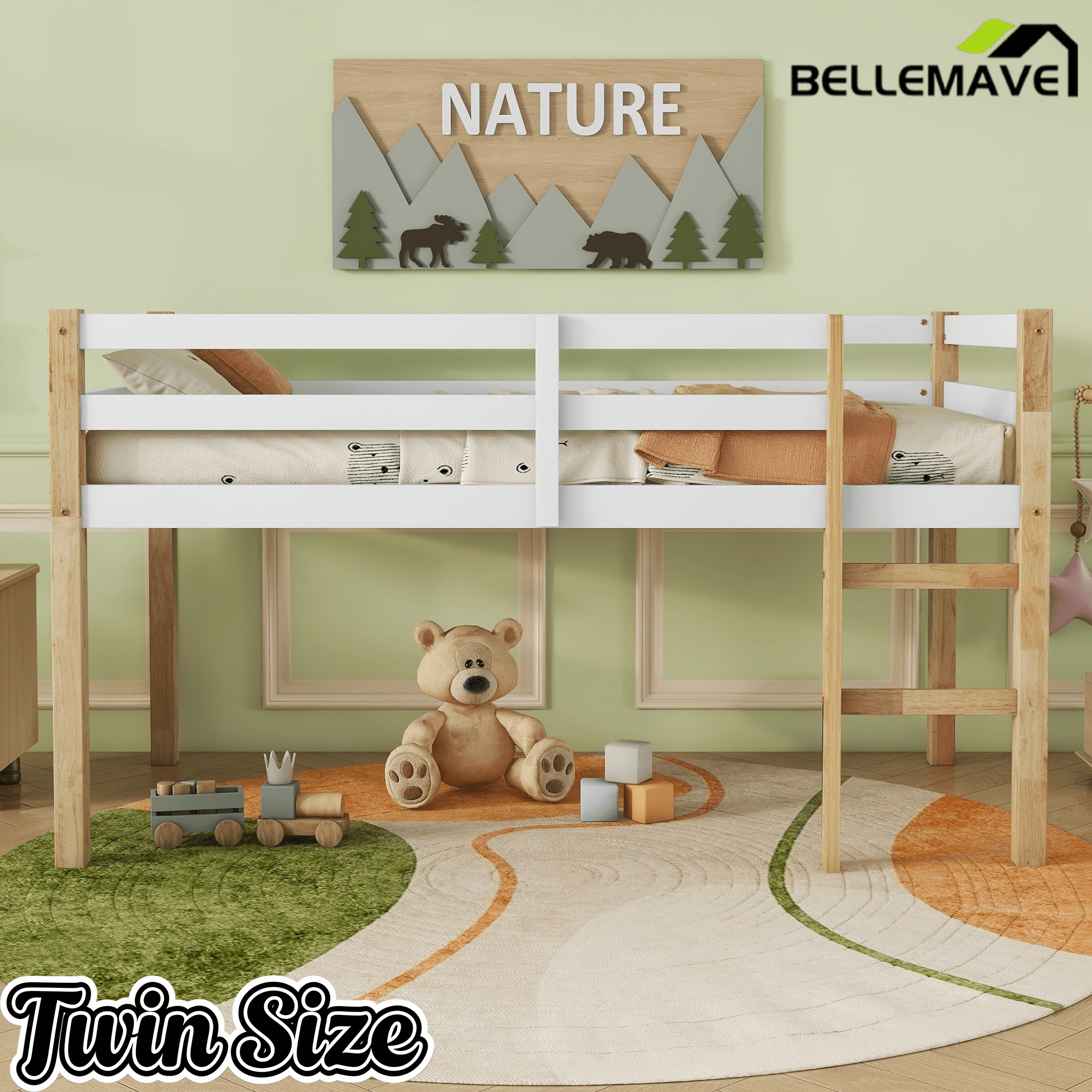 Bellemave® Twin Size Rubber Wooden Low Loft Bed with Ladder(Strengthened Slats) - Bellemave