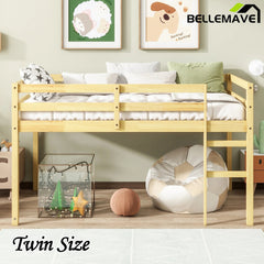 Bellemave® Twin Size Rubber Wooden Low Loft Bed with Ladder(Strengthened Slats) - Bellemave