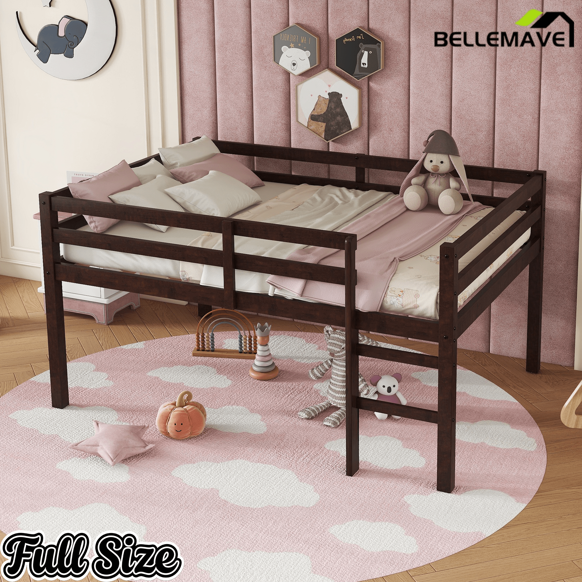 Bellemave® Twin Size Rubber Wooden Low Loft Bed with Ladder(Strengthened Slats) - Bellemave