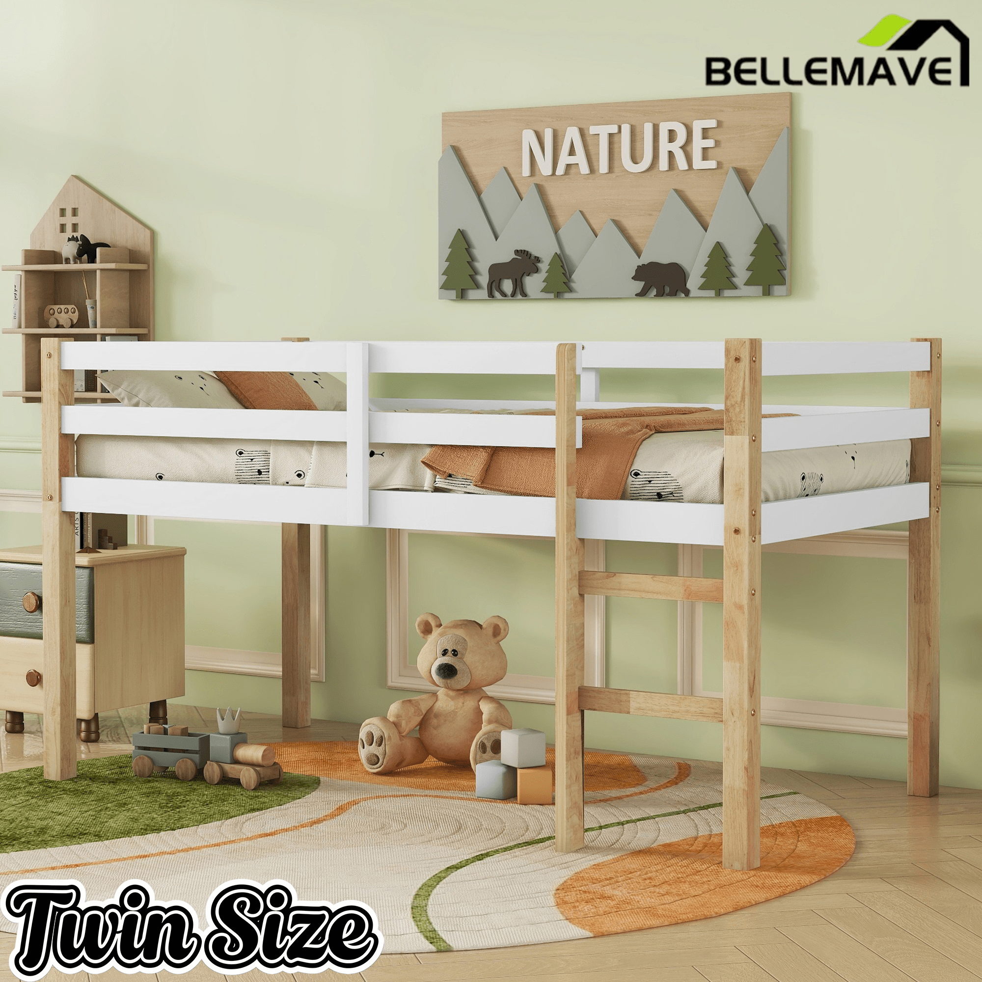 Bellemave® Twin Size Rubber Wooden Low Loft Bed with Ladder(Strengthened Slats) - Bellemave