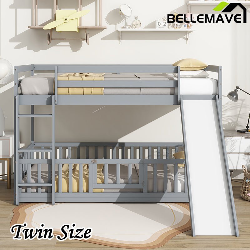 Bellemave® Twin Size Solid Pine Wood Floor Bunk Bed with Slide and Ladder, Door and Safety Guardrails - Bellemave