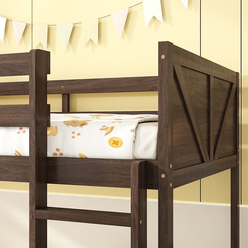 Bellemave® Twin Size Solid Rubber Wood Floor Bunk Bed with Panelled Headboard and Footboard,&nbsp; Safety Guardrails and Built - in ladder - Bellemave