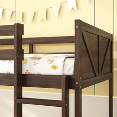 Bellemave® Twin Size Solid Rubber Wood Floor Bunk Bed with Panelled Headboard and Footboard,&nbsp; Safety Guardrails and Built - in ladder - Bellemave