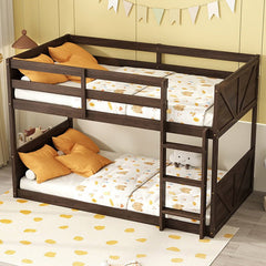 Bellemave® Twin Size Solid Rubber Wood Floor Bunk Bed with Panelled Headboard and Footboard,&nbsp; Safety Guardrails and Built - in ladder - Bellemave