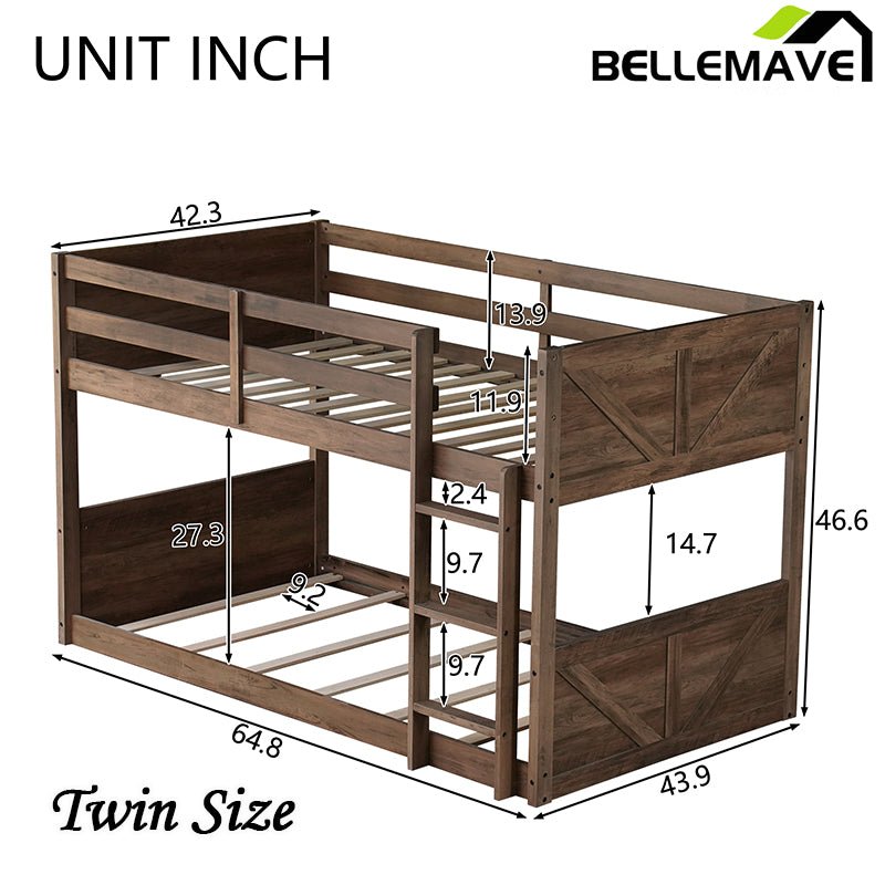Bellemave® Twin Size Solid Rubber Wood Floor Bunk Bed with Panelled Headboard and Footboard,&nbsp; Safety Guardrails and Built - in ladder - Bellemave