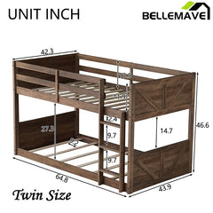 Bellemave® Twin Size Solid Rubber Wood Floor Bunk Bed with Panelled Headboard and Footboard,&nbsp; Safety Guardrails and Built - in ladder - Bellemave