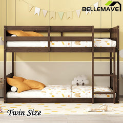 Bellemave® Twin Size Solid Rubber Wood Floor Bunk Bed with Panelled Headboard and Footboard,&nbsp; Safety Guardrails and Built - in ladder - Bellemave