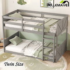 Bellemave® Twin Size Solid Rubber Wood Floor Bunk Bed with Panelled Headboard and Footboard,&nbsp; Safety Guardrails and Built - in ladder - Bellemave