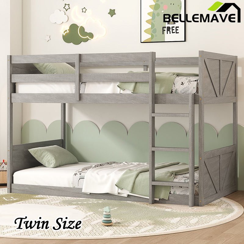 Bellemave® Twin Size Solid Rubber Wood Floor Bunk Bed with Panelled Headboard and Footboard,&nbsp; Safety Guardrails and Built - in ladder - Bellemave