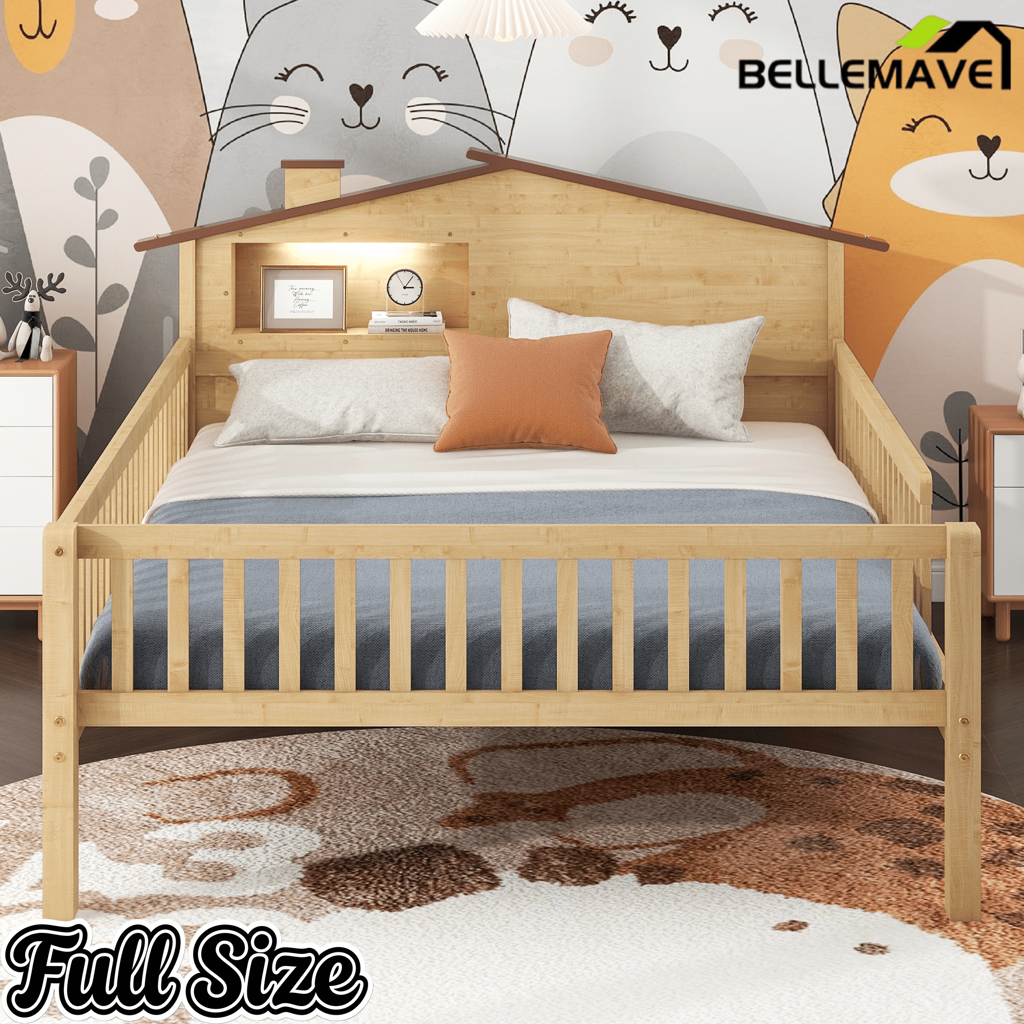 Bellemave® Twin Size Solid Wood Platform Bed with House - Shaped Headboard,Safety Guardrails,LED & Built - in Storage,No Box Spring Needed (Natural) - Bellemave
