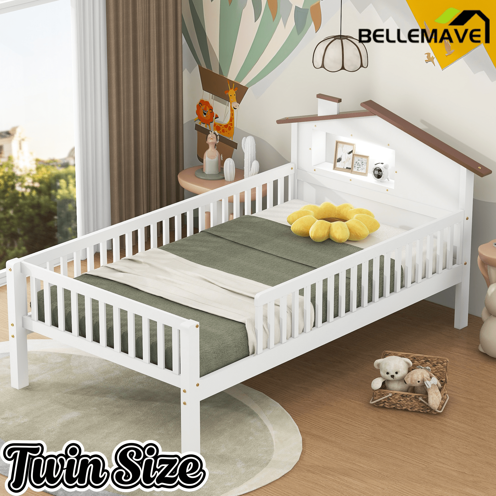 Bellemave® Twin Size Solid Wood Platform Bed with House - Shaped Headboard,Safety Guardrails,LED & Built - in Storage,No Box Spring Needed (Natural) - Bellemave