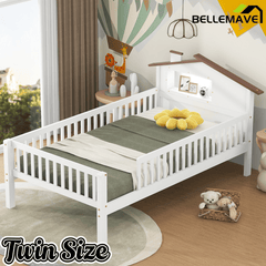Bellemave® Twin Size Solid Wood Platform Bed with House - Shaped Headboard,Safety Guardrails,LED & Built - in Storage,No Box Spring Needed (Natural) - Bellemave