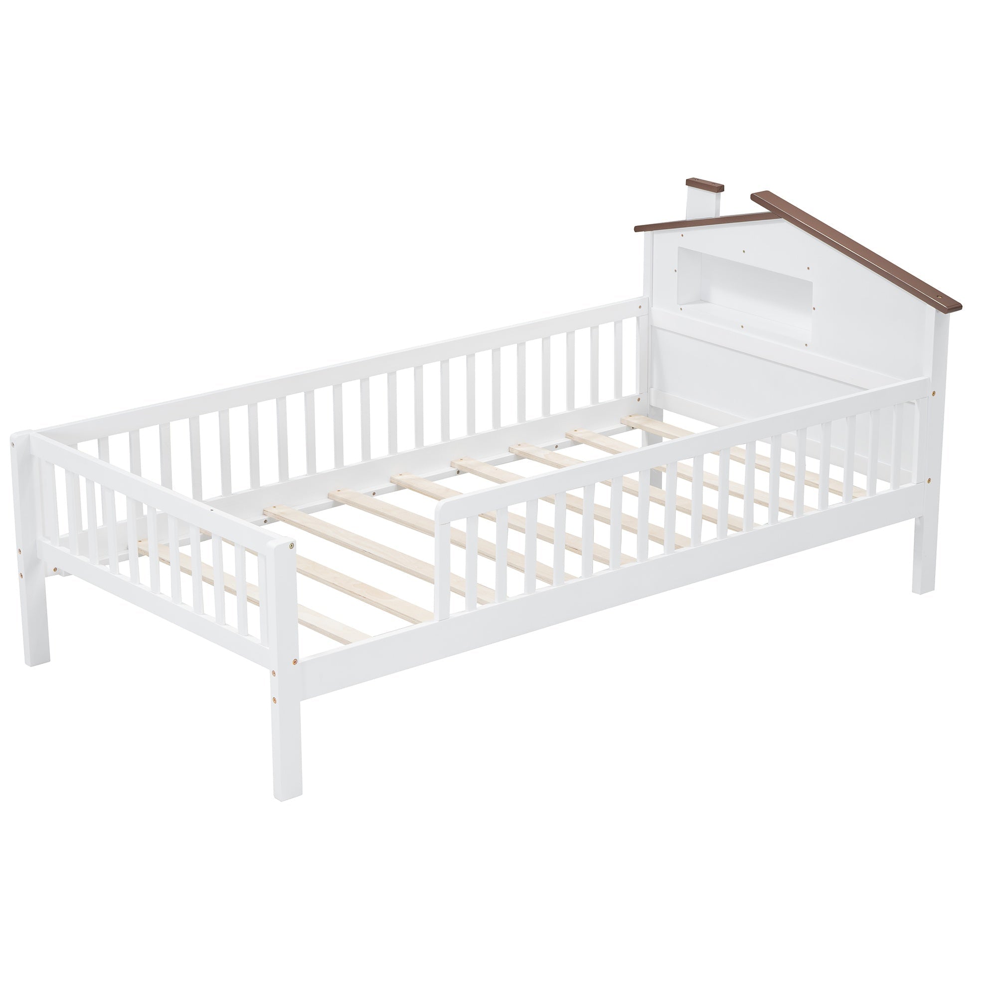 Bellemave® Twin Size Solid Wood Platform Bed with House - Shaped Headboard,Safety Guardrails,LED & Built - in Storage,No Box Spring Needed (Natural) - Bellemave