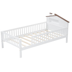 Bellemave® Twin Size Solid Wood Platform Bed with House - Shaped Headboard,Safety Guardrails,LED & Built - in Storage,No Box Spring Needed (Natural) - Bellemave
