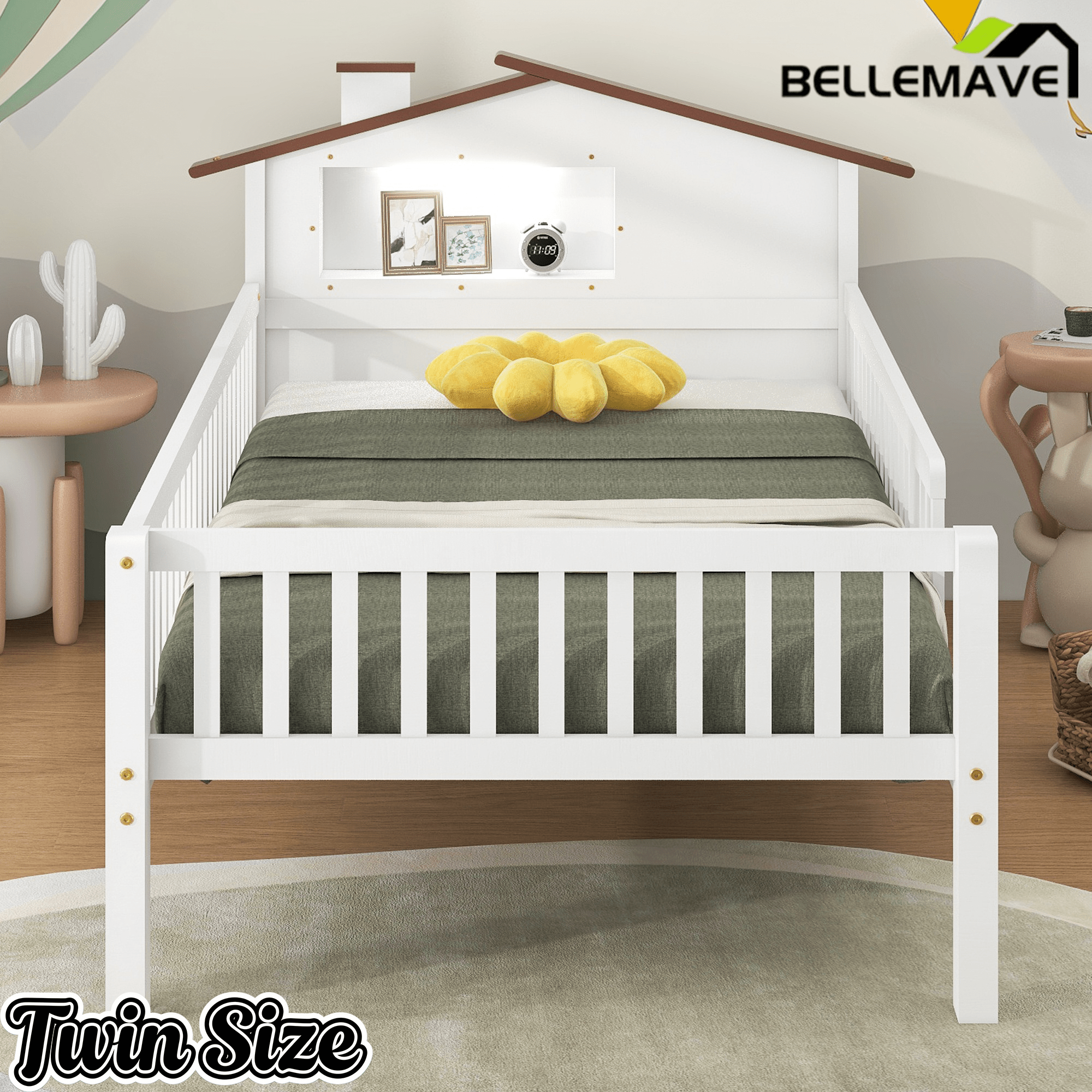 Bellemave® Twin Size Solid Wood Platform Bed with House - Shaped Headboard,Safety Guardrails,LED & Built - in Storage,No Box Spring Needed (Natural) - Bellemave