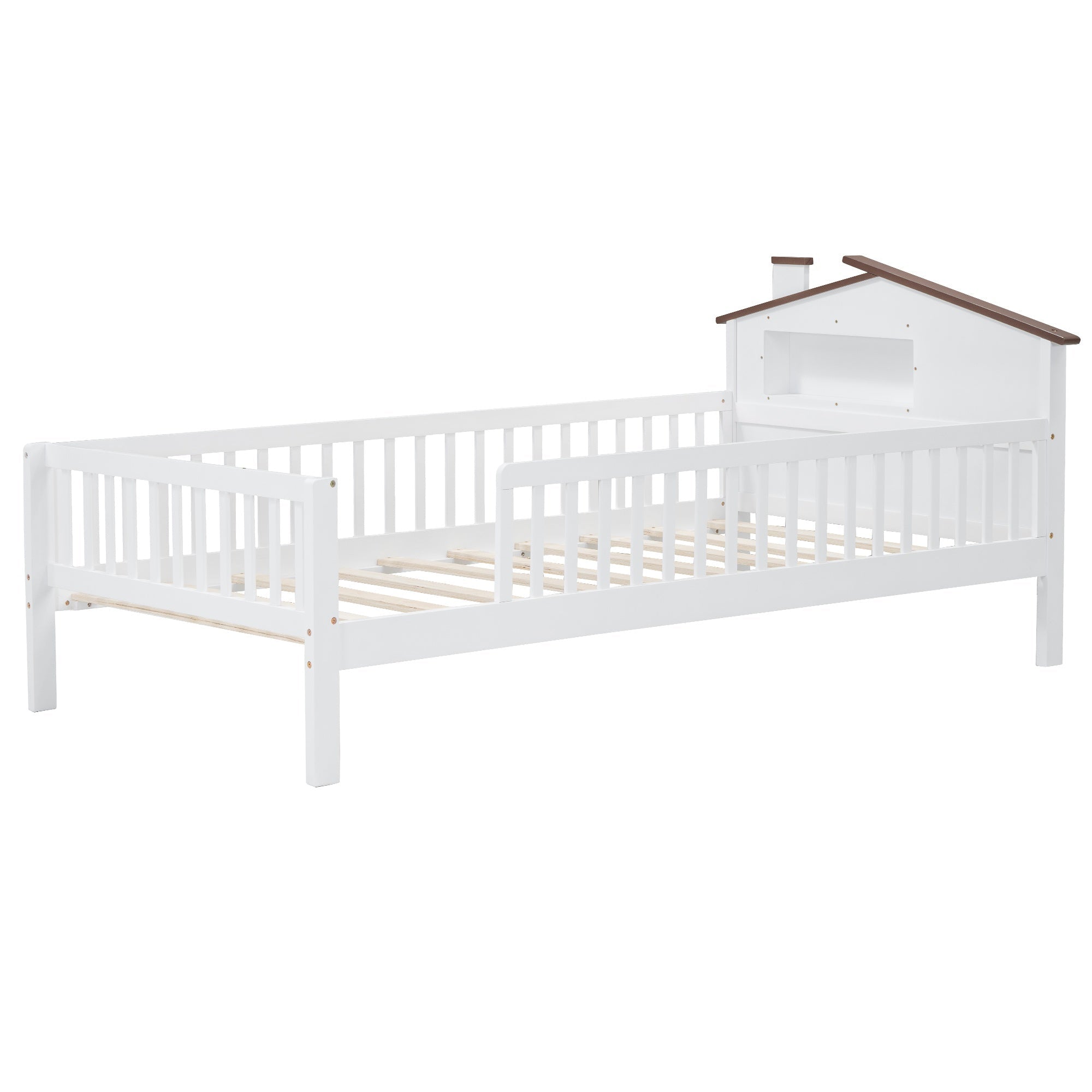 Bellemave® Twin Size Solid Wood Platform Bed with House - Shaped Headboard,Safety Guardrails,LED & Built - in Storage,No Box Spring Needed (Natural) - Bellemave