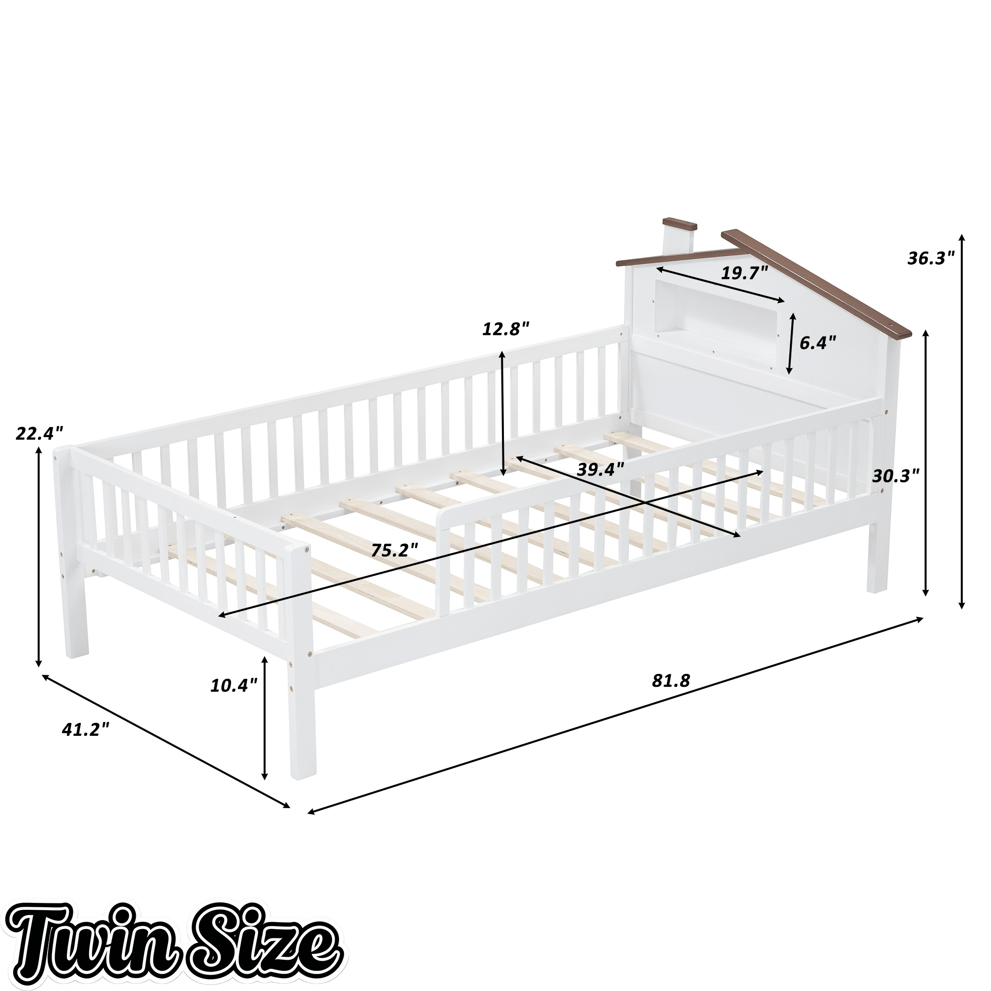 Bellemave® Twin Size Solid Wood Platform Bed with House - Shaped Headboard,Safety Guardrails,LED & Built - in Storage,No Box Spring Needed (Natural) - Bellemave