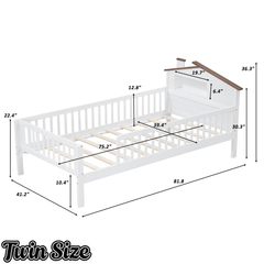 Bellemave® Twin Size Solid Wood Platform Bed with House - Shaped Headboard,Safety Guardrails,LED & Built - in Storage,No Box Spring Needed (Natural) - Bellemave