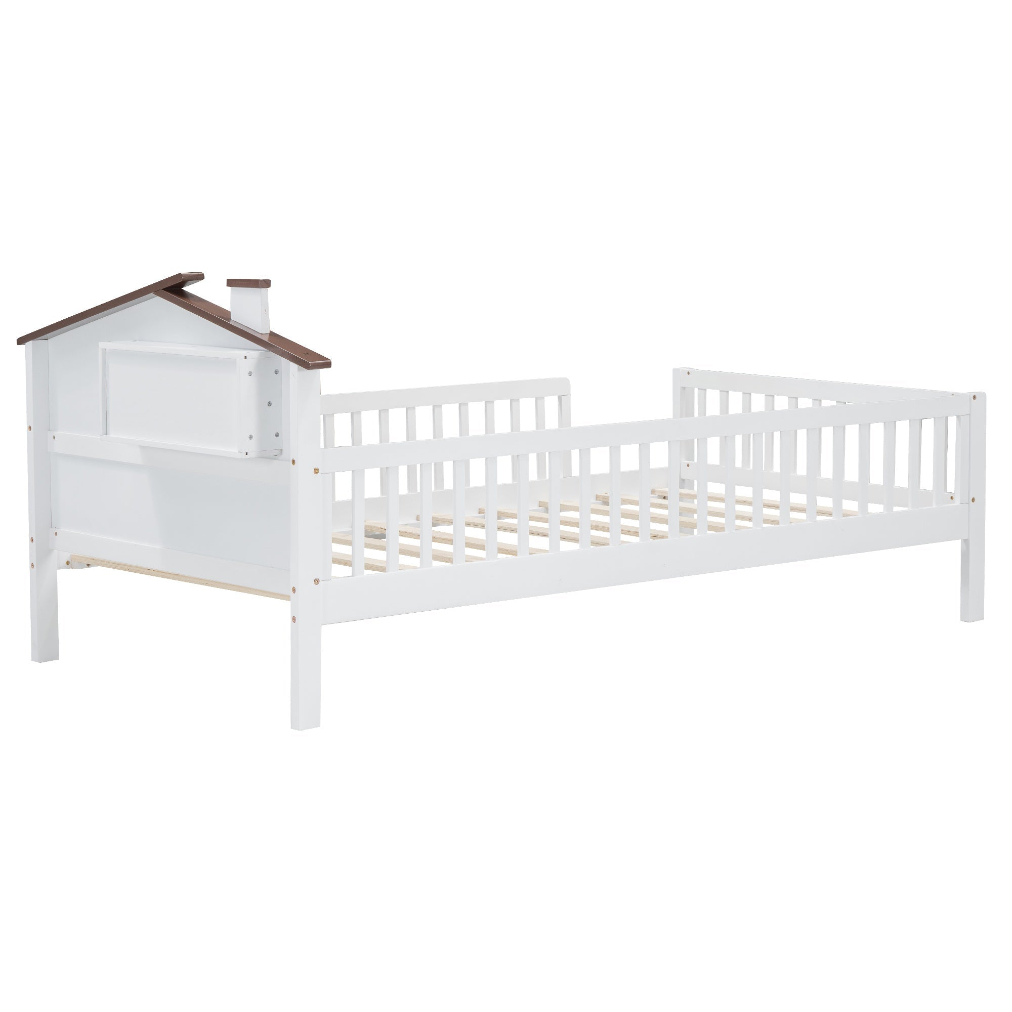 Bellemave® Twin Size Solid Wood Platform Bed with House - Shaped Headboard,Safety Guardrails,LED & Built - in Storage,No Box Spring Needed (Natural) - Bellemave