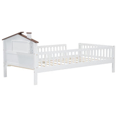 Bellemave® Twin Size Solid Wood Platform Bed with House - Shaped Headboard,Safety Guardrails,LED & Built - in Storage,No Box Spring Needed (Natural) - Bellemave
