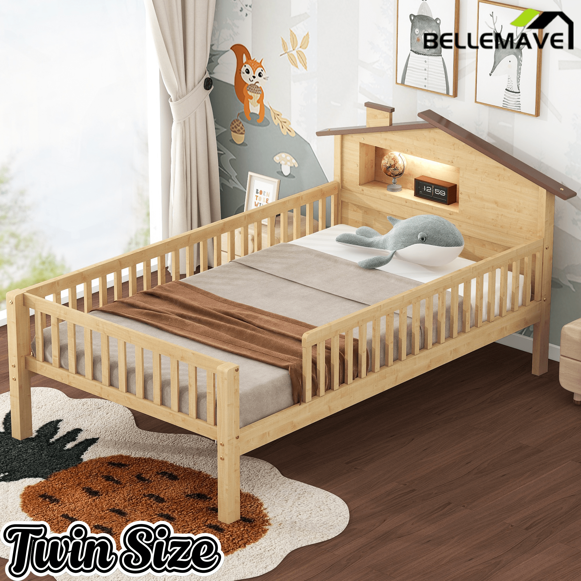 Bellemave® Twin Size Solid Wood Platform Bed with House - Shaped Headboard,Safety Guardrails,LED & Built - in Storage,No Box Spring Needed (Natural) - Bellemave