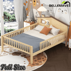 Bellemave® Twin Size Solid Wood Platform Bed with House - Shaped Headboard,Safety Guardrails,LED & Built - in Storage,No Box Spring Needed (Natural) - Bellemave