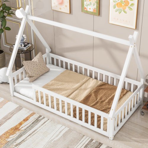 floor bed tent Bellemave® Twin Size Tent-Shaped Floor Bed with Guardrails and Slats