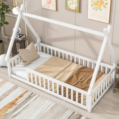 Bellemave® Twin Size Tent - Shaped Floor Bed with Guardrails and Slats - Bellemave