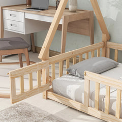 Bellemave® Twin Size Tent - shaped Floor Bed with Guardrails,Slats and Door - Bellemave