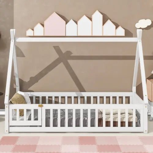 Bellemave® Twin Size Tent - shaped Floor Bed with Guardrails,Slats and Door - Bellemave