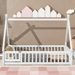 Bellemave® Twin Size Tent - shaped Floor Bed with Guardrails,Slats and Door - Bellemave