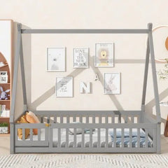 Bellemave® Twin Size Tent - shaped Floor Bed with Guardrails,Slats and Door - Bellemave