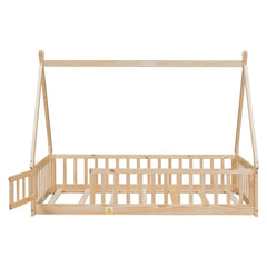 Bellemave® Twin Size Tent - shaped Floor Bed with Guardrails,Slats and Door - Bellemave