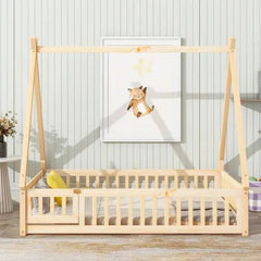 Bellemave® Twin Size Tent - shaped Floor Bed with Guardrails,Slats and Door - Bellemave
