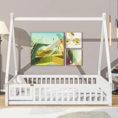 Bellemave® Twin Size Tent - shaped Floor Bed with Guardrails,Slats and Door - Bellemave