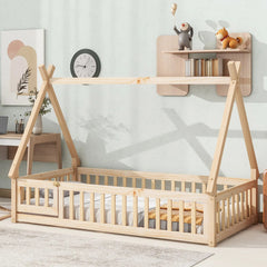 Bellemave® Twin Size Tent - shaped Floor Bed with Guardrails,Slats and Door - Bellemave