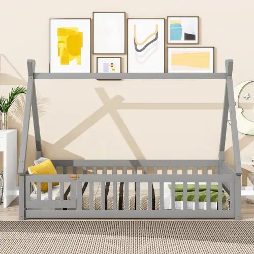 Bellemave® Twin Size Tent - shaped Floor Bed with Guardrails,Slats and Door - Bellemave