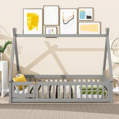 Bellemave® Twin Size Tent - shaped Floor Bed with Guardrails,Slats and Door - Bellemave